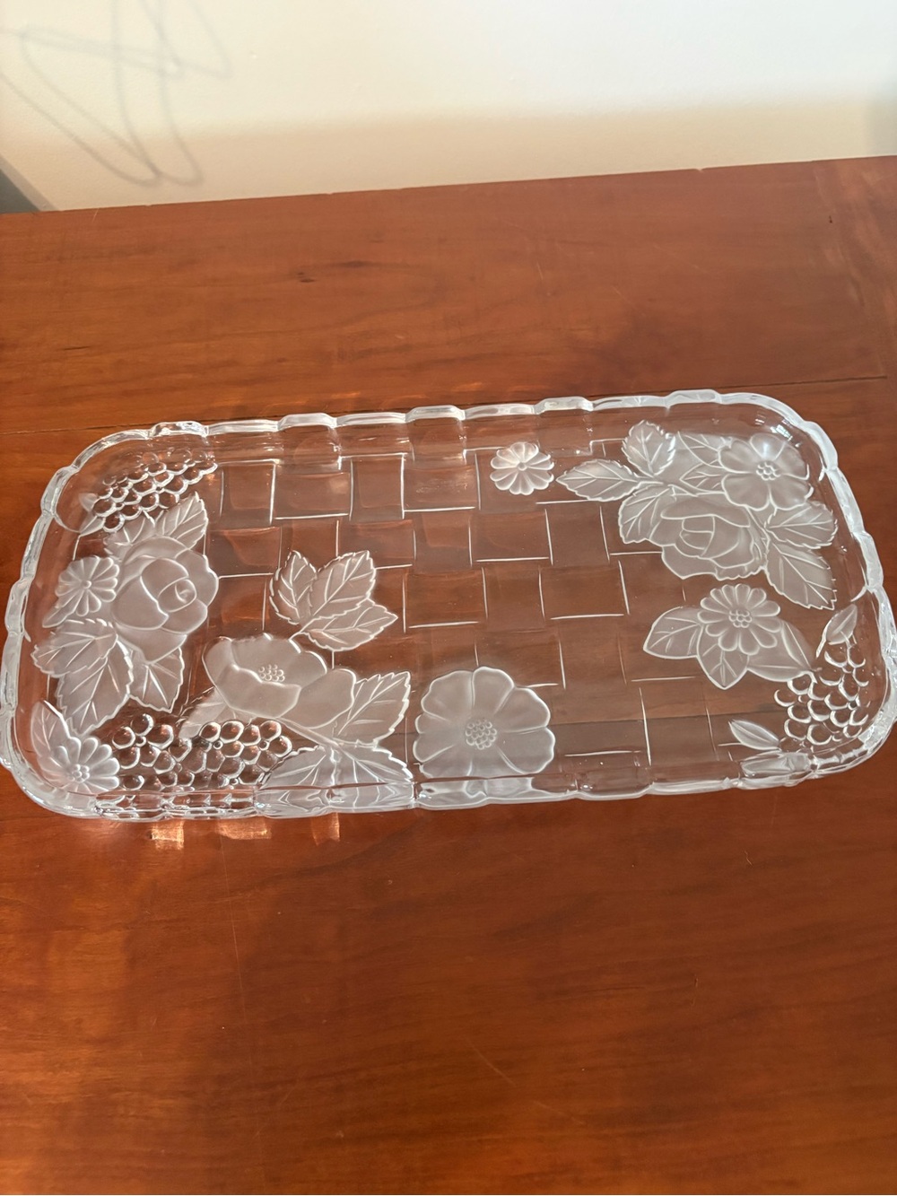 Frosted Floral Crystal Serving Tray 14.5” Crystal Clear Napoli Japan